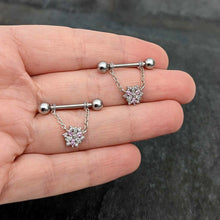Load image into Gallery viewer, 14G 9/16 Pink Clear CZ Gem Snowflake Chain Dangle Nipple Ring Set
