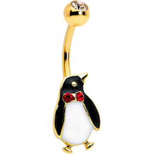 Load image into Gallery viewer, Clear Red Gem Gold Tone Bow Tie Penguin Holiday Belly Ring
