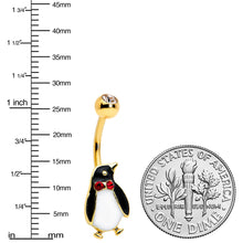 Load image into Gallery viewer, Clear Red Gem Gold Tone Bow Tie Penguin Holiday Belly Ring
