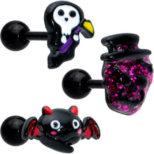 Load image into Gallery viewer, 16G 1/4 Black Halloween Skull Bat Reaper Cartilage Earring Set of 3
