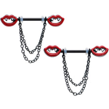 Load image into Gallery viewer, 14G 11/16 Black Vampire Fangs Chain Dangle Nipple Ring Set
