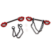 Load image into Gallery viewer, 14G 11/16 Black Vampire Fangs Chain Dangle Nipple Ring Set
