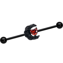 Load image into Gallery viewer, 14G Red CZ Gem Black Scroll Moon Heart Industrial Barbell 38mm
