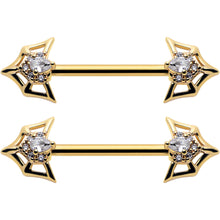 Load image into Gallery viewer, 14G 5/8 Clear Gem Gold Tone Spider Bat Barbell Nipple Ring Set
