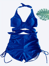 Load image into Gallery viewer, Coastal Curve Halter Bikini Set for Women – V-Neck Crisscross Drawstring Swimsuit with Chic Ring Detail &amp; High-Waisted Boxer Shorts for Summer – Sleek Two-Piece Nylon Swimwear for Women’s Beach &amp; Poolside Style
