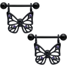 Load image into Gallery viewer, 14G 11/16 Purple CZ Gem Black Skull Butterfly Dangle Nipple Ring Set
