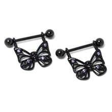 Load image into Gallery viewer, 14G 11/16 Purple CZ Gem Black Skull Butterfly Dangle Nipple Ring Set

