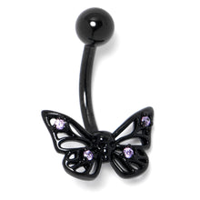 Load image into Gallery viewer, Purple CZ Gem Black Skull Butterfly Belly Ring
