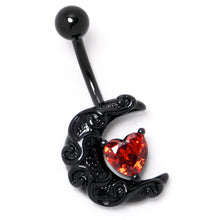 Load image into Gallery viewer, Red CZ Gem Black Scroll Moon Heart Belly Ring
