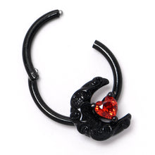 Load image into Gallery viewer, 16G 3/8 Red CZ Gem Black Scroll Moon Heart Hinged Segment Ring
