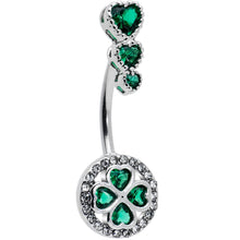 Load image into Gallery viewer, Green Clear Gem Triple Drop Heart Shamrock Double Mount Belly Ring
