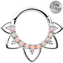Load image into Gallery viewer, 16G 5/16 White Synthetic Opal 14k White Gold Filigree Hinged Segment Ring
