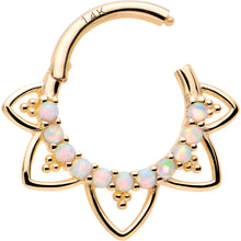 Load image into Gallery viewer, 16G 5/16 White Synthetic Opal 14k Yellow Gold Filigree Hinged Segment Ring
