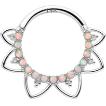 Load image into Gallery viewer, 16G 3/8 White Synthetic Opal 14k White Gold Filigree Hinged Segment Ring
