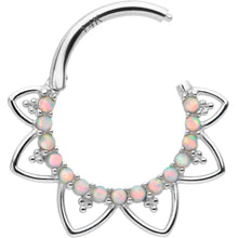 Load image into Gallery viewer, 16G 3/8 White Synthetic Opal 14k White Gold Filigree Hinged Segment Ring
