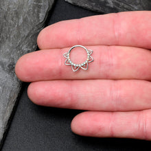 Load image into Gallery viewer, 16G 3/8 White Synthetic Opal 14k White Gold Filigree Hinged Segment Ring
