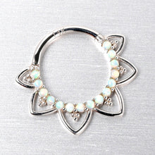 Load image into Gallery viewer, 16G 3/8 White Synthetic Opal 14k White Gold Filigree Hinged Segment Ring
