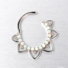 Load image into Gallery viewer, 16G 3/8 White Synthetic Opal 14k White Gold Filigree Hinged Segment Ring
