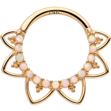 Load image into Gallery viewer, 16G 3/8 White Synthetic Opal 14k Yellow Gold Filigree Hinged Segment Ring
