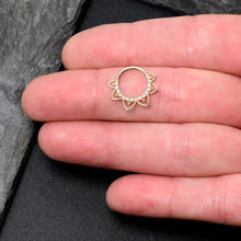 Load image into Gallery viewer, 16G 3/8 White Synthetic Opal 14k Yellow Gold Filigree Hinged Segment Ring
