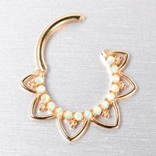 Load image into Gallery viewer, 16G 3/8 White Synthetic Opal 14k Yellow Gold Filigree Hinged Segment Ring
