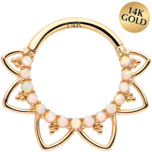 Load image into Gallery viewer, 16G 3/8 White Synthetic Opal 14k Yellow Gold Filigree Hinged Segment Ring
