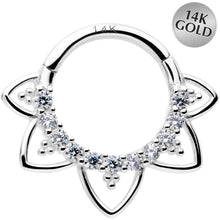 Load image into Gallery viewer, 16G 5/16 Clear CZ Gem 14k White Gold Filigree Hinged Segment Ring

