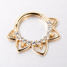 Load image into Gallery viewer, 16G 5/16 Clear CZ Gem 14k Yellow Gold Filigree Hinged Segment Ring
