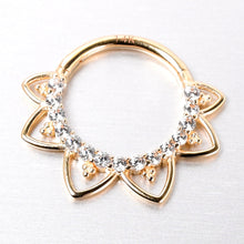 Load image into Gallery viewer, 16G 3/8 Clear CZ Gem 14k Yellow Gold Filigree Hinged Segment Ring
