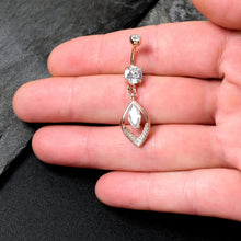 Load image into Gallery viewer, Clear CZ Gem Rose Gold Tone Lush Leaf Dangle Belly Ring
