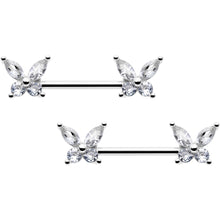 Load image into Gallery viewer, 14G 9/16 Clear CZ Gem Butterflies Barbell Nipple Ring Set
