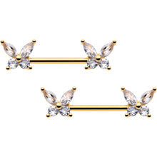 Load image into Gallery viewer, 14G 9/16 Clear CZ Gem Gold Tone Butterflies Barbell Nipple Ring Set
