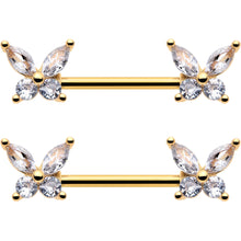Load image into Gallery viewer, 14G 9/16 Clear CZ Gem Gold Tone Butterflies Barbell Nipple Ring Set
