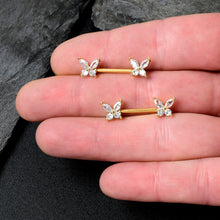 Load image into Gallery viewer, 14G 9/16 Clear CZ Gem Gold Tone Butterflies Barbell Nipple Ring Set
