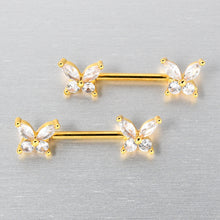 Load image into Gallery viewer, 14G 9/16 Clear CZ Gem Gold Tone Butterflies Barbell Nipple Ring Set
