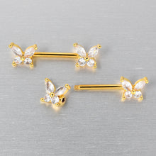 Load image into Gallery viewer, 14G 9/16 Clear CZ Gem Gold Tone Butterflies Barbell Nipple Ring Set
