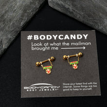 Load image into Gallery viewer, 14G 9/16 Gold Tone Santa Merry Christmas Dangle Nipple Ring Set
