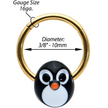 Load image into Gallery viewer, 16G 3/8 Gold Tone Round Penguin Face Holiday Hinged Segment Ring
