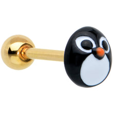 Load image into Gallery viewer, Gold Tone Round Holiday Penguin Face Barbell Tongue Ring

