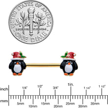 Load image into Gallery viewer, 14G 9/16 Gold Tone Holly Hat Penguin Barbell Nipple Ring Set
