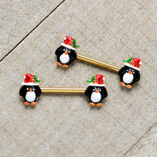 Load image into Gallery viewer, 14G 9/16 Gold Tone Holly Hat Penguin Barbell Nipple Ring Set

