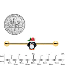 Load image into Gallery viewer, 14G Gold Tone Holly Hat Penguin Holiday Industrial Barbell 38mm
