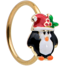 Load image into Gallery viewer, 20G 5/16 Gold Tone Holly Hat Penguin Holiday Nose Hoop

