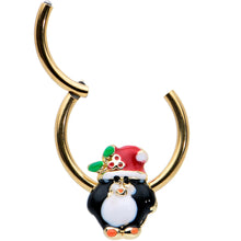 Load image into Gallery viewer, 16G 3/8 Gold Tone Holly Hat Penguin Holiday Hinged Segment Ring
