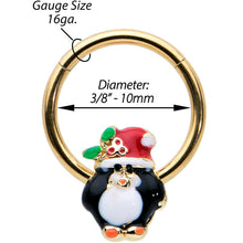 Load image into Gallery viewer, 16G 3/8 Gold Tone Holly Hat Penguin Holiday Hinged Segment Ring
