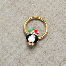 Load image into Gallery viewer, 16G 3/8 Gold Tone Holly Hat Penguin Holiday Hinged Segment Ring
