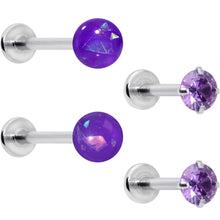 Load image into Gallery viewer, 16G 5/16 3/8 Purple Gem Faux Opal Labret Monroe Tragus Set of 4
