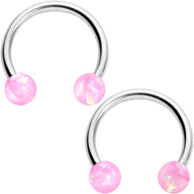 Load image into Gallery viewer, 14G 3/8 9/16 Pink Faux Opal Horseshoe Barbell Nipple Ring Set of 4
