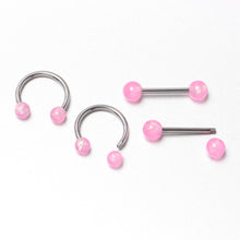 Load image into Gallery viewer, 14G 3/8 9/16 Pink Faux Opal Horseshoe Barbell Nipple Ring Set of 4

