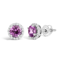 Load image into Gallery viewer, 10K White Gold Purple Amethyst and 1/6 Cttw Diamond Halo Stud Earring
